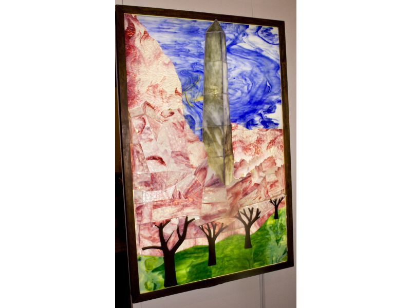 Stained Glass Illuminated Mural: Washington Monument and Cherry Blossoms